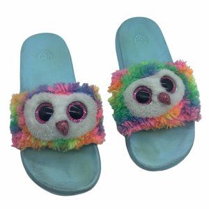 Ty Big Kid Unisex Owen the Fuzzy Rainbow Owl Slide On Flip Flop Sandals Size 4-6